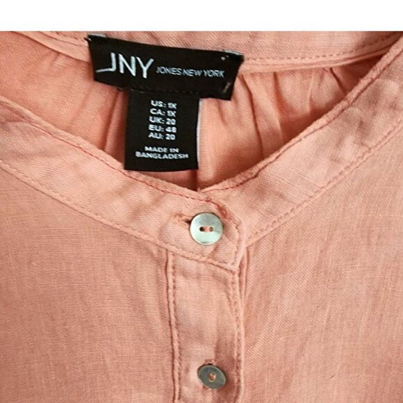 JNY Pre-loved Plus-Size 1X Pink Long-sleeve Linen Tunic. Collarless, 6 Buttons - Picture 7 of 9